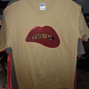Tan T-Shirt with Red Sequin Lips Design